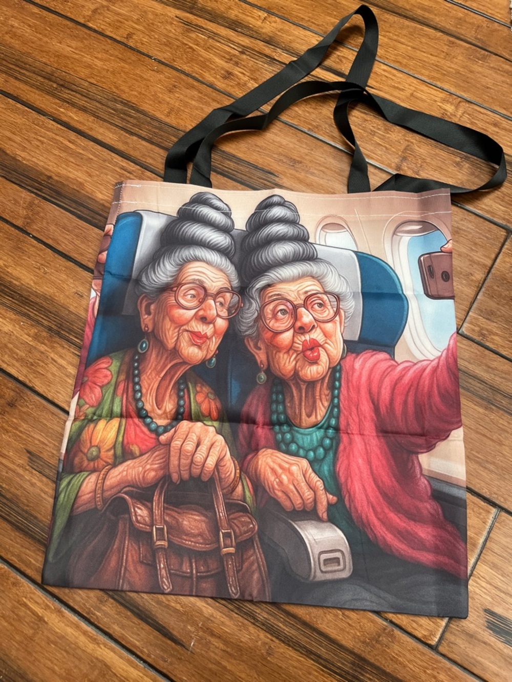 Elderly Duo Print Canvas Tote Bag in Multicolor